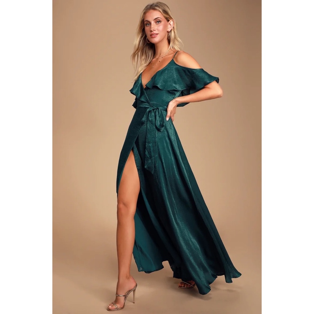 Lulus Moriah Emerald Green Satin Wrap Maxi Dress